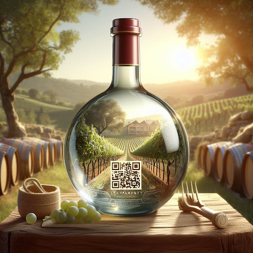 label Transparent bottle of wine with a qr code